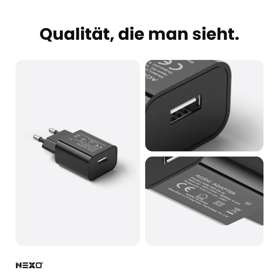 Detailaufnahmen des Ladeadapters: USB-A-Anschluss und CE-Kennzeichnung mit Ausgang DC 5,0 V 1,0 A