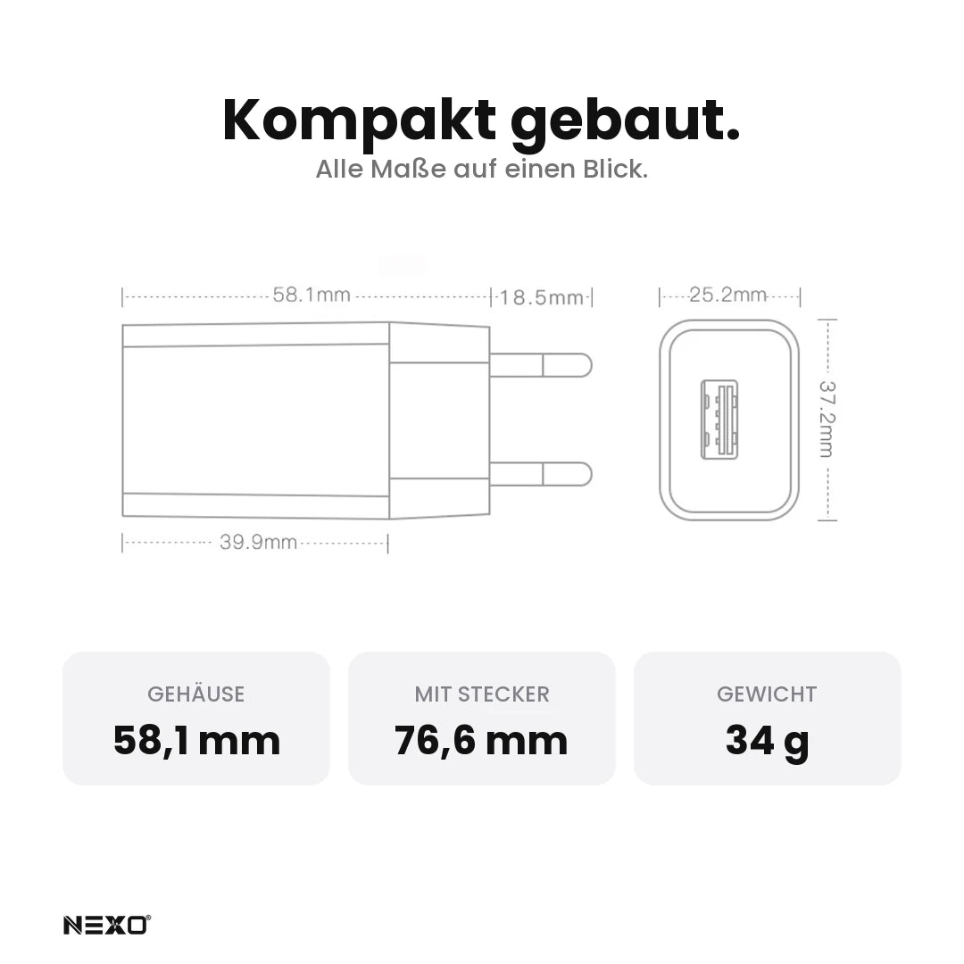 Maße des Ladeadapters: Gehäuse 58,1 mm, mit Stecker 76,6 mm, Gewicht 34 Gramm