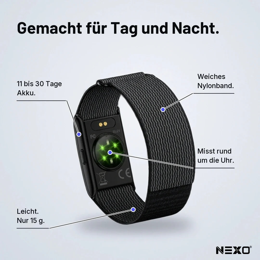 NEXO Performance Band in Schwarz, Rückseite mit Sensor, Nylon-Armband, 15 g, 11 bis 30 Tage Akku