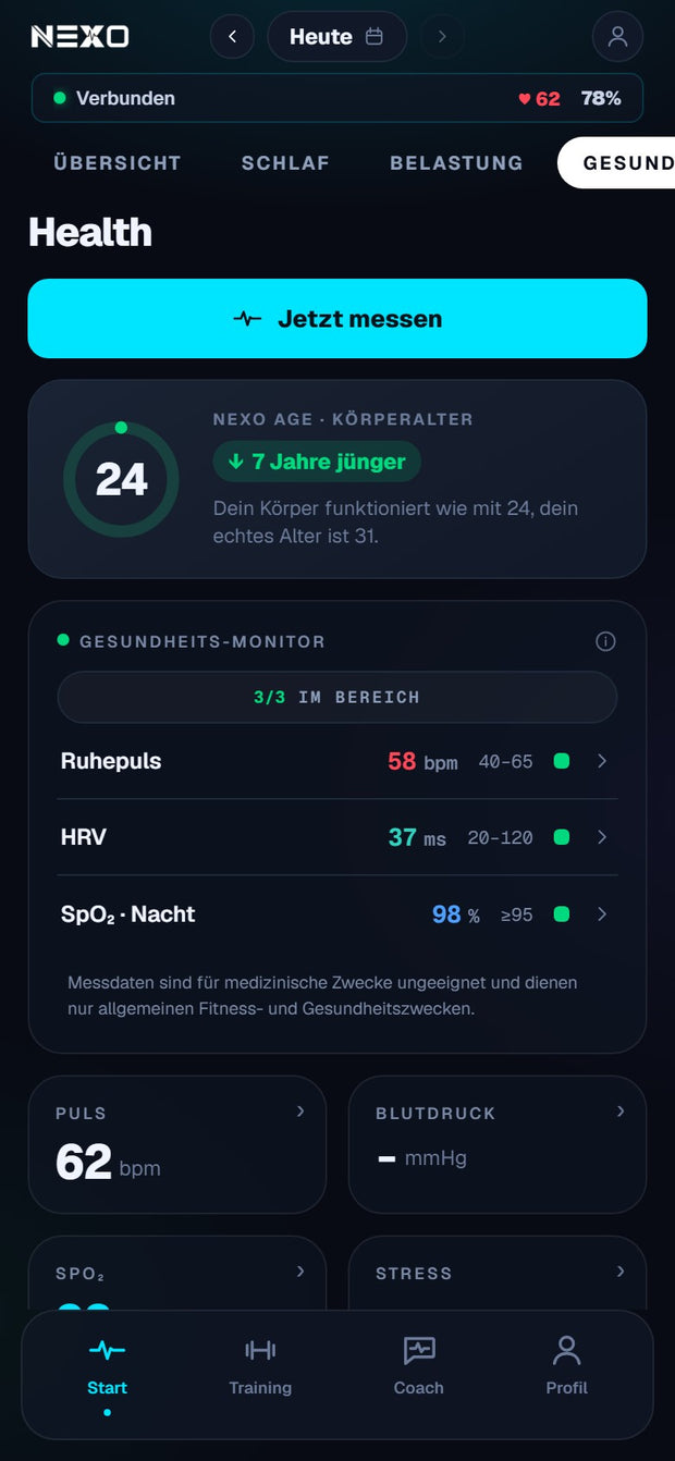 Gesundheitsansicht mit Ruhepuls, HRV und Sauerstoffsättigung