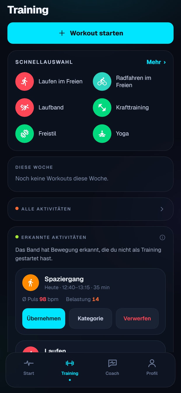Trainingsansicht mit Sportauswahl und erkannten Aktivitäten
