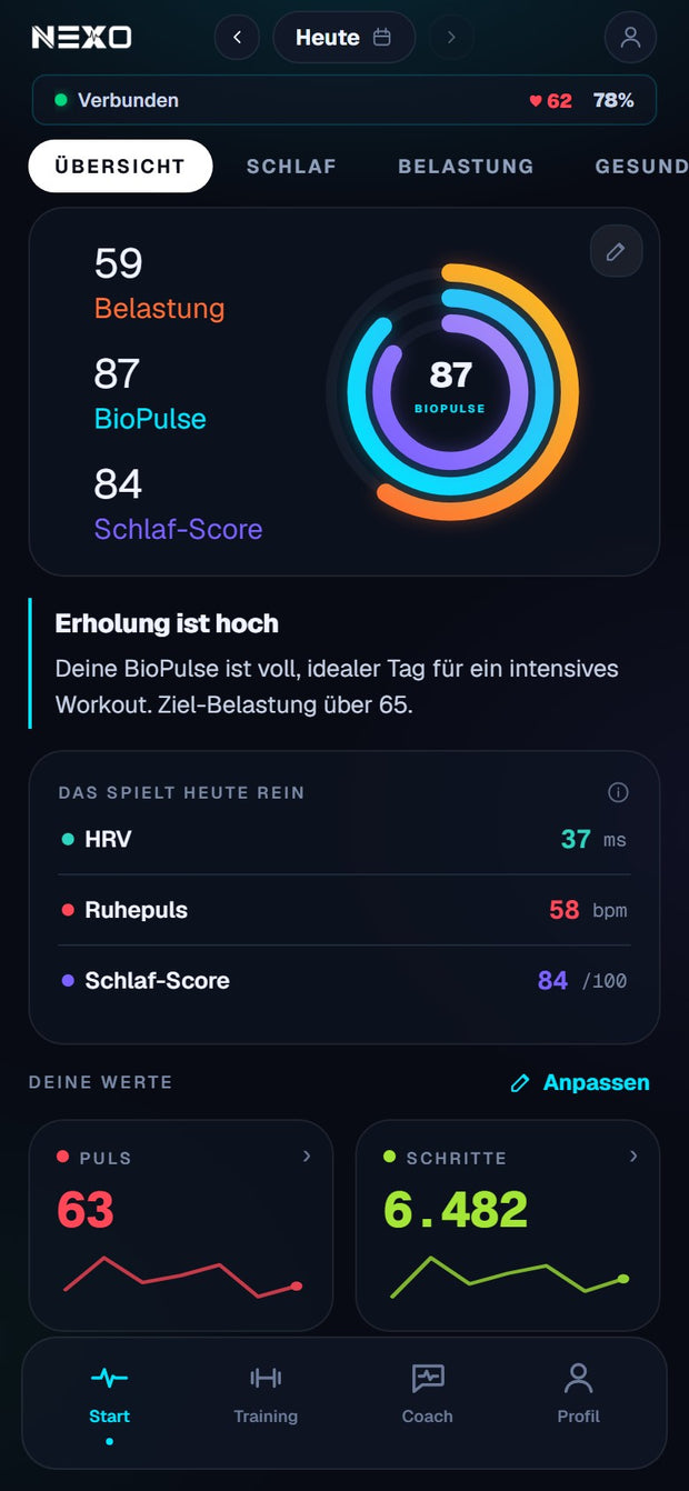 Nexo App, Übersicht mit BioPulse, Belastung und Schlaf-Score